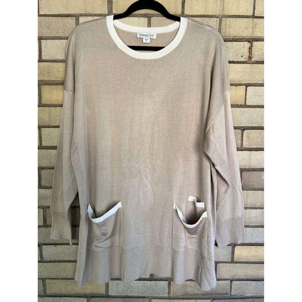 Coldwater Creek Tan Knit Tunic Sweater Pockets White Trim Soft Size 1X